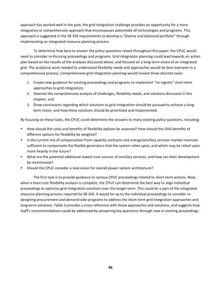  
46	
  
approach	
  has	
  worked	
  well	
  in	
  the	
  past,	
  the	
  grid	
  integration	
  challenge	
  provides	
  an	
  opportunity	
  for	
  a	
  more	
  
integrative	
  or	
  comprehensive	
  approach	
  that	
  encompasses	
  potentially	
  all	
  technologies	
  and	
  programs.	
  This	
  
approach	
  is	
  suggested	
  in	
  the	
  SB	
  350	
  requirements	
  to	
  develop	
  a	
  “diverse	
  and	
  balanced	
  portfolio”	
  through	
  
implementing	
  an	
  integrated	
  resource	
  planning	
  process.	
  	
  	
  
To	
  determine	
  how	
  best	
  to	
  answer	
  the	
  policy	
  questions	
  raised	
  throughout	
  this	
  paper,	
  the	
  CPUC	
  would	
  
need	
  to	
  consider	
  re-­‐focusing	
  proceedings	
  and	
  programs.	
  Grid	
  integration	
  planning	
  could	
  lead	
  towards	
  an	
  action	
  
plan	
  based	
  on	
  the	
  results	
  of	
  the	
  analyses	
  discussed	
  above,	
  and	
  focused	
  on	
  a	
  long-­‐term	
  vision	
  of	
  an	
  integrated	
  
grid.	
  The	
  analytical	
  work	
  needed	
  to	
  understand	
  flexibility	
  needs	
  and	
  approaches	
  would	
  be	
  best	
  overseen	
  in	
  a	
  
comprehensive	
  process.	
  Comprehensive	
  grid	
  integration	
  planning	
  would	
  involve	
  three	
  discrete	
  tasks:	
  	
  
1. Create	
  new	
  guidance	
  for	
  existing	
  proceedings	
  and	
  programs	
  to	
  implement	
  “no	
  regrets”	
  short-­‐term	
  
approaches	
  to	
  grid	
  integration;	
  
2. Oversee	
  the	
  comprehensive	
  analysis	
  of	
  challenges,	
  flexibility	
  needs,	
  and	
  solutions	
  discussed	
  in	
  this	
  
chapter;	
  and	
  
3. Draw	
  conclusions	
  regarding	
  which	
  solutions	
  to	
  grid-­‐integration	
  should	
  be	
  pursued	
  to	
  achieve	
  a	
  long-­‐
term	
  vision,	
  and	
  how	
  these	
  solutions	
  should	
  be	
  prioritized	
  and	
  implemented.	
  	
  
By	
  focusing	
  on	
  these	
  tasks,	
  the	
  CPUC	
  could	
  determine	
  the	
  answers	
  to	
  many	
  existing	
  policy	
  questions,	
  including:	
  	
  	
  
• How	
  should	
  the	
  costs	
  and	
  benefits	
  of	
  flexibility	
  options	
  be	
  assessed?	
  How	
  should	
  the	
  GHG	
  benefits	
  of	
  
different	
  options	
  for	
  flexibility	
  be	
  weighed?	
  	
  	
  
• Is	
  the	
  current	
  mix	
  of	
  compensation	
  from	
  capacity	
  contracts	
  and	
  energy/ancillary	
  services	
  market	
  revenues	
  
sufficient	
  to	
  compensate	
  the	
  flexible	
  generators	
  that	
  the	
  system	
  relies	
  upon,	
  and	
  which	
  may	
  be	
  relied	
  upon	
  
more	
  heavily	
  in	
  the	
  future?	
  	
  
• What	
  are	
  the	
  potential	
  additional	
  lowest-­‐cost	
  sources	
  of	
  ancillary	
  services,	
  and	
  how	
  can	
  their	
  development	
  
be	
  incentivized?	
  
• Should	
  the	
  CPUC	
  consider	
  a	
  new	
  vision	
  for	
  overall	
  power	
  system	
  architecture?	
  
The	
  first	
  task	
  is	
  to	
  provide	
  guidance	
  to	
  various	
  CPUC	
  proceedings	
  related	
  to	
  short-­‐term	
  actions.	
  Next,	
  
when	
  a	
  least-­‐cost	
  flexibility	
  analysis	
  is	
  complete,	
  the	
  CPUC	
  can	
  determine	
  the	
  best	
  way	
  to	
  align	
  individual	
  
proceedings	
  to	
  optimize	
  grid	
  integration	
  solutions	
  over	
  the	
  longer	
  term.	
  This	
  could	
  be	
  a	
  part	
  of	
  the	
  integrated	
  
resource	
  planning	
  process	
  required	
  by	
  SB	
  350.	
  It	
  would	
  be	
  up	
  to	
  the	
  individual	
  proceedings	
  to	
  consider	
  re-­‐
designing	
  procurement	
  and	
  demand-­‐side	
  programs	
  to	
  address	
  the	
  short-­‐term	
  grid	
  integration	
  approaches	
  and	
  
long-­‐term	
  solutions.	
  Table	
  3	
  provides	
  a	
  cross	
  reference	
  with	
  those	
  approaches	
  and	
  solutions,	
  and	
  suggests	
  how	
  
Staff’s	
  recommendations	
  could	
  be	
  addressed	
  by	
  answering	
  key	
  questions	
  through	
  new	
  or	
  existing	
  proceedings.	
  	
  
 