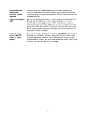  
67	
  
	
  
variable	
  (renewable	
  
energy)	
  energy	
  
resources/	
  variable	
  
resources	
  
Those	
  resources	
  that	
  can	
  generate	
  electricity	
  only	
  when	
  wind	
  and	
  solar	
  
resources	
  are	
  available.	
  Their	
  energy	
  output	
  is	
  subject	
  to	
  both	
  variability	
  and	
  
uncertainty,	
  which	
  fluctuates	
  from	
  moment	
  to	
  moment	
  in	
  a	
  manner	
  that	
  is	
  not	
  
entirely	
  predictable.	
  
vehicle-­‐grid	
  integration	
  
(VGI)	
  
VGI	
  uses	
  transportation	
  electricity	
  as	
  a	
  system	
  resource	
  that	
  accelerates	
  Zero-­‐
Emission	
  Vehicle	
  adoption	
  and	
  hastens	
  their	
  associated	
  environmental	
  
benefits.	
  VGI	
  harnesses	
  plug-­‐in	
  electric	
  vehicle	
  usage	
  characteristics	
  and	
  
technologies	
  to	
  provide	
  storage	
  and	
  demand	
  response	
  to	
  integrate	
  renewable	
  
energy	
  in	
  a	
  manner	
  that	
  maximizes	
  the	
  vehicles’	
  value	
  to	
  drivers	
  (by	
  reducing	
  
fuel	
  or	
  capital	
  costs)	
  and	
  the	
  grid	
  (by	
  reducing	
  infrastructure	
  and	
  maintenance	
  
costs	
  borne	
  by	
  utility	
  customers).	
  
wholesale	
  energy	
  
market	
  (wholesale	
  
market,	
  or	
  energy	
  
market)	
  
Generally	
  refers	
  to	
  the	
  electricity	
  market	
  operated	
  by	
  CAISO	
  for	
  the	
  majority	
  of	
  
electricity	
  sold	
  in	
  California.	
  Includes	
  a	
  competitive	
  day-­‐ahead	
  and	
  real-­‐time	
  
platform	
  for	
  generators	
  to	
  submit	
  bids	
  and	
  be	
  dispatched	
  when	
  the	
  market	
  
clears	
  above	
  their	
  bid	
  price.	
  Not	
  all	
  resources	
  bid	
  into	
  the	
  market,	
  rather,	
  many	
  
resources	
  are	
  “self-­‐scheduled”	
  or	
  are	
  “must	
  take.”	
  	
  
	
  
 