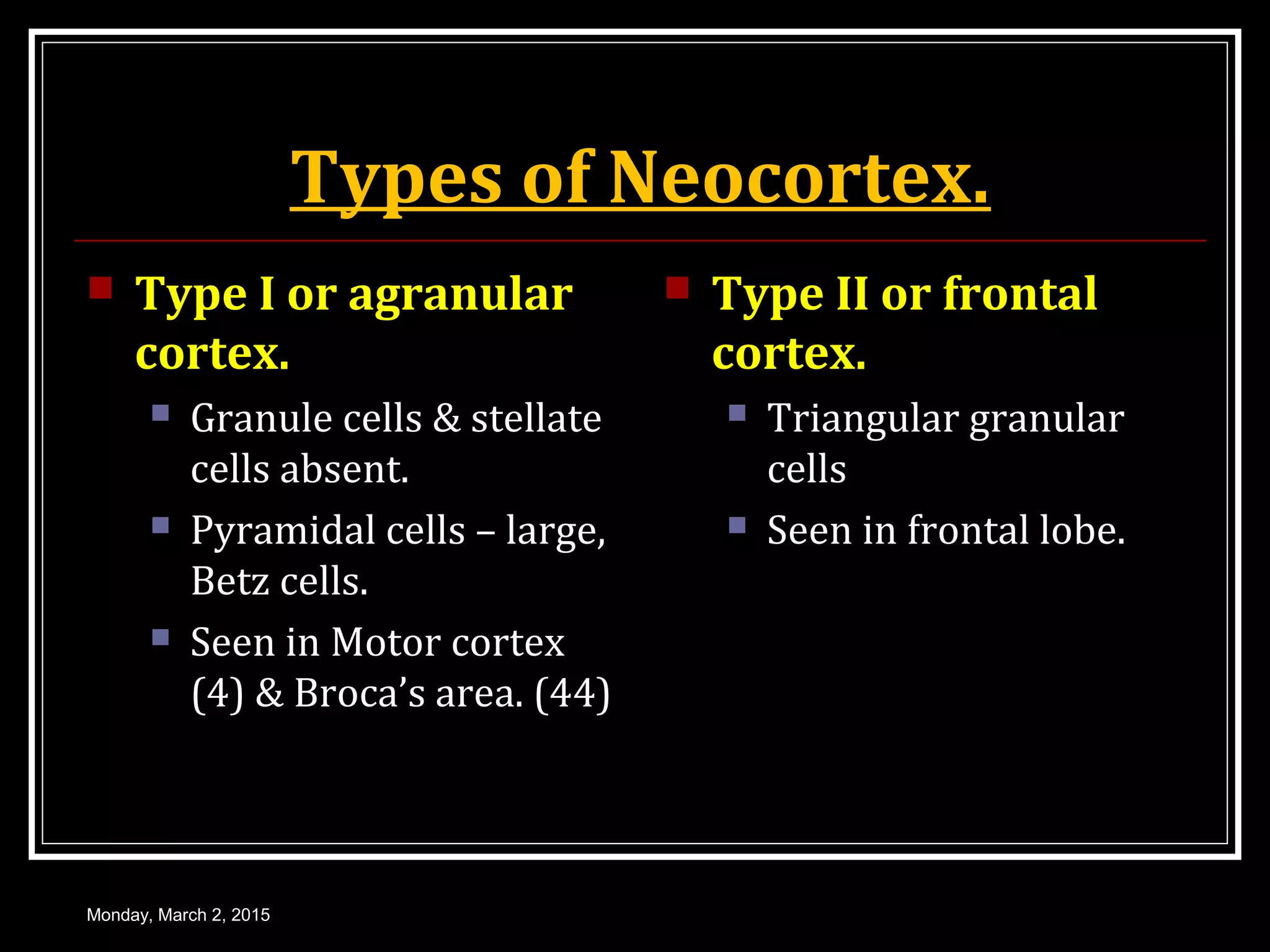 Types of Neocortex.
 Type I or agranular
cortex.
 Granule cells & stellate
cells absent.
 Pyramidal cells – large,
Betz cells.
 Seen in Motor cortex
(4) & Broca’s area. (44)
 Type II or frontal
cortex.
 Triangular granular
cells
 Seen in frontal lobe.
Monday, March 2, 2015
 