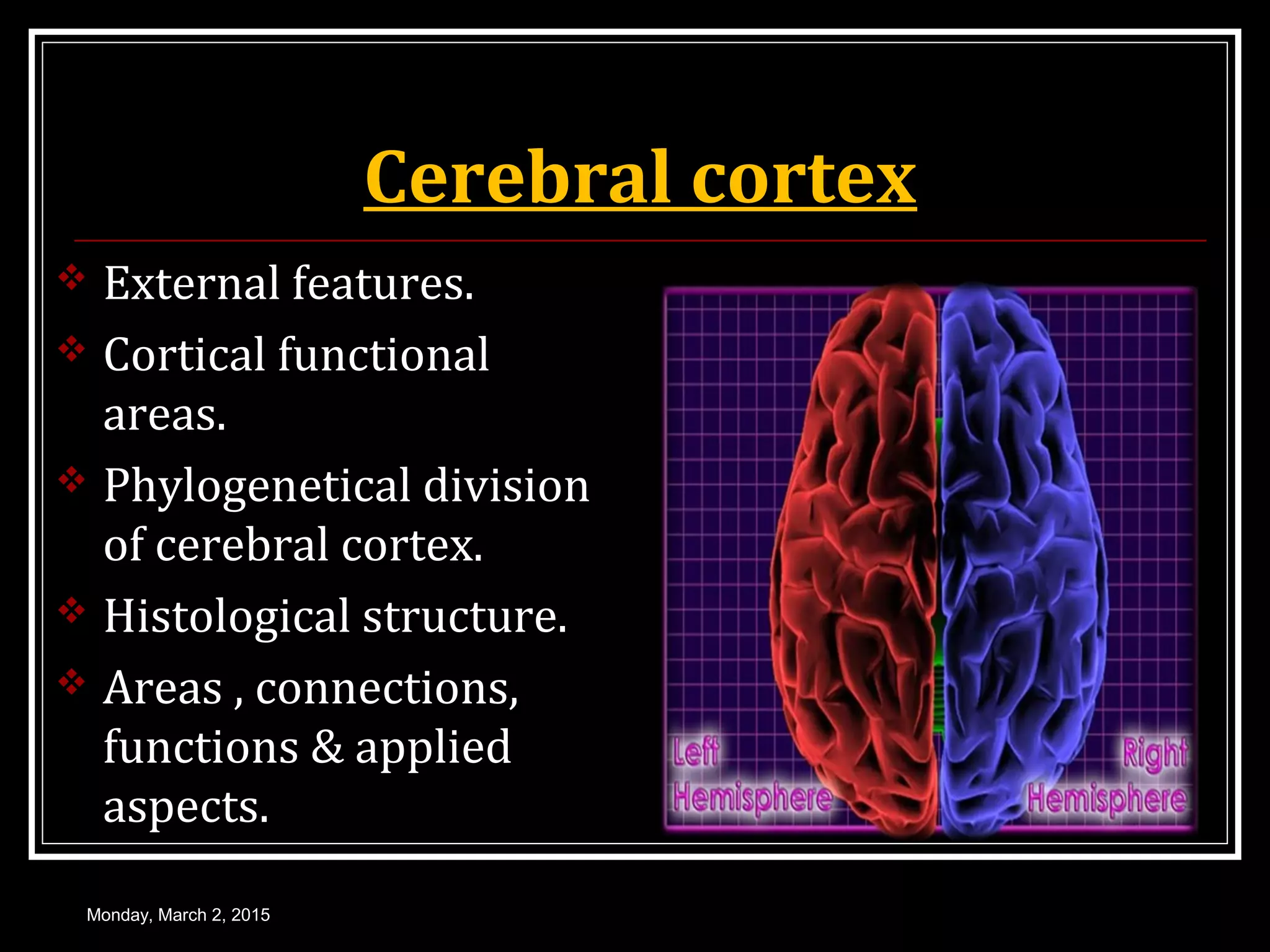 Cerebral cortex
 External features.
 Cortical functional
areas.
 Phylogenetical division
of cerebral cortex.
 Histological structure.
 Areas , connections,
functions & applied
aspects.
Monday, March 2, 2015
 