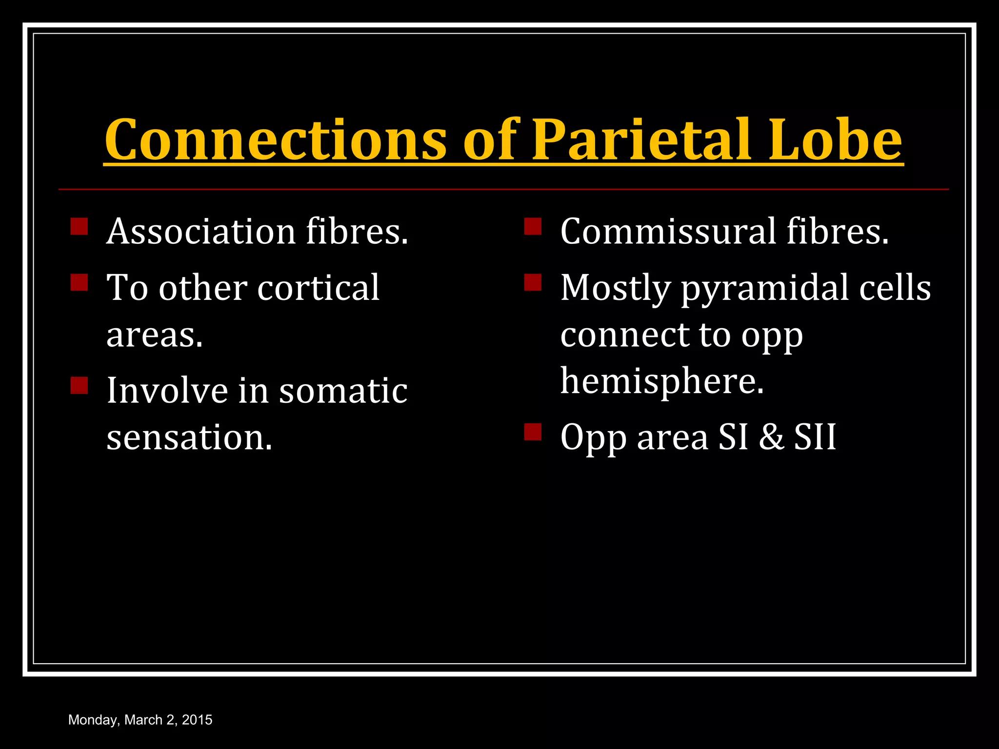 Connections of Parietal Lobe
 Association fibres.
 To other cortical
areas.
 Involve in somatic
sensation.
 Commissural fibres.
 Mostly pyramidal cells
connect to opp
hemisphere.
 Opp area SI & SII
Monday, March 2, 2015
 