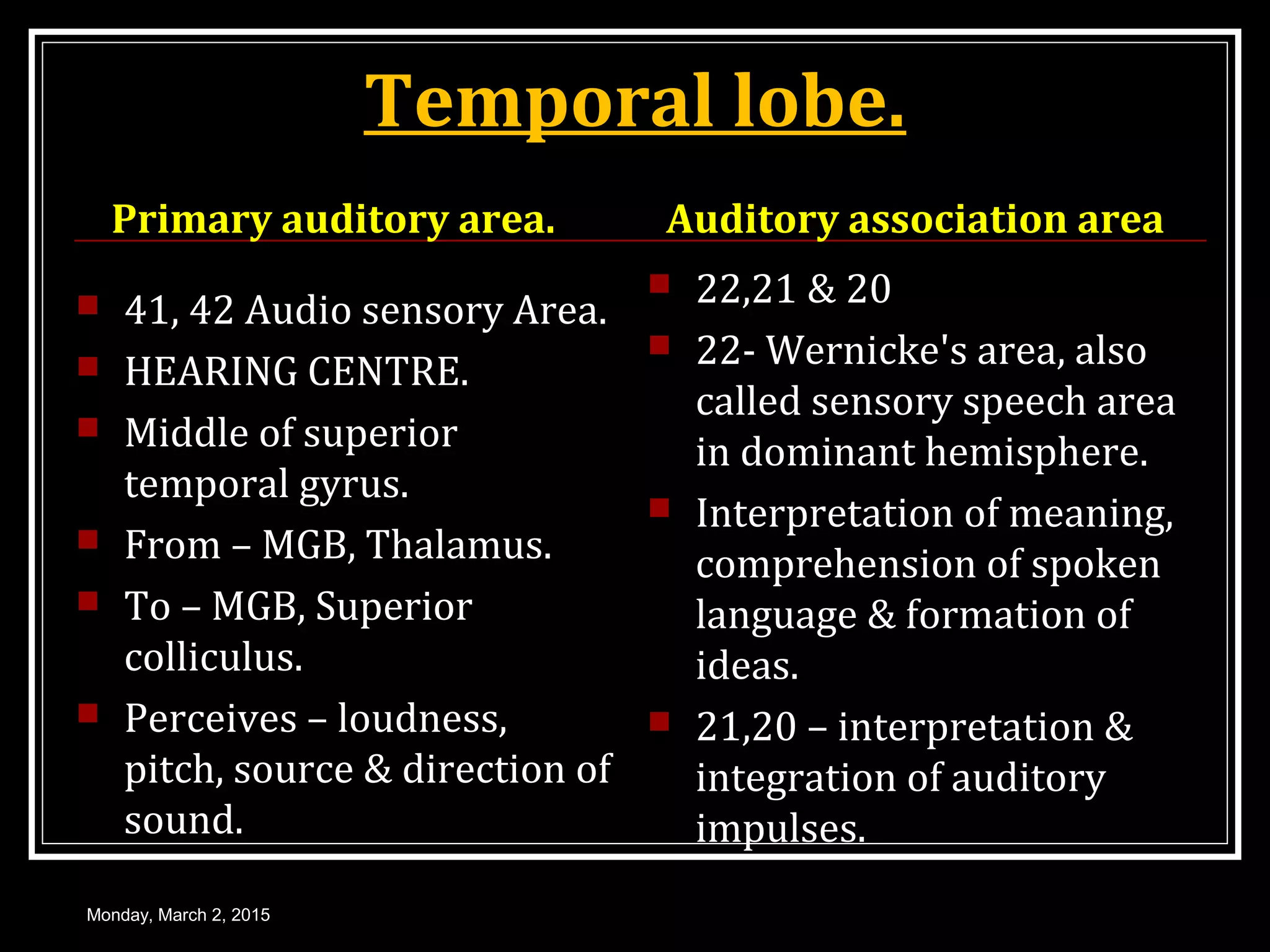 Temporal lobe.
Primary auditory area.
 41, 42 Audio sensory Area.
 HEARING CENTRE.
 Middle of superior
temporal gyrus.
 From – MGB, Thalamus.
 To – MGB, Superior
colliculus.
 Perceives – loudness,
pitch, source & direction of
sound.
Auditory association area
 22,21 & 20
 22- Wernicke's area, also
called sensory speech area
in dominant hemisphere.
 Interpretation of meaning,
comprehension of spoken
language & formation of
ideas.
 21,20 – interpretation &
integration of auditory
impulses.
Monday, March 2, 2015
 