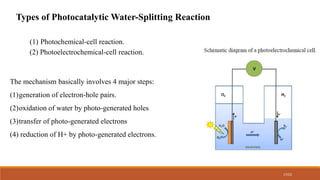17/22
Types of Photocatalytic Water-Splitting Reaction
(1) Photochemical-cell reaction.
(2) Photoelectrochemical-cell reaction.
The mechanism basically involves 4 major steps:
(1)generation of electron-hole pairs.
(2)oxidation of water by photo-generated holes
(3)transfer of photo-generated electrons
(4) reduction of H+ by photo-generated electrons.
 