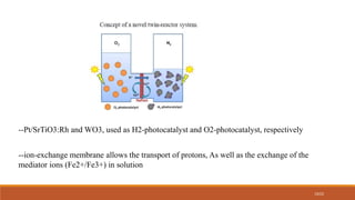 19/22
--Pt/SrTiO3:Rh and WO3, used as H2-photocatalyst and O2-photocatalyst, respectively
--ion-exchange membrane allows the transport of protons, As well as the exchange of the
mediator ions (Fe2+/Fe3+) in solution
 