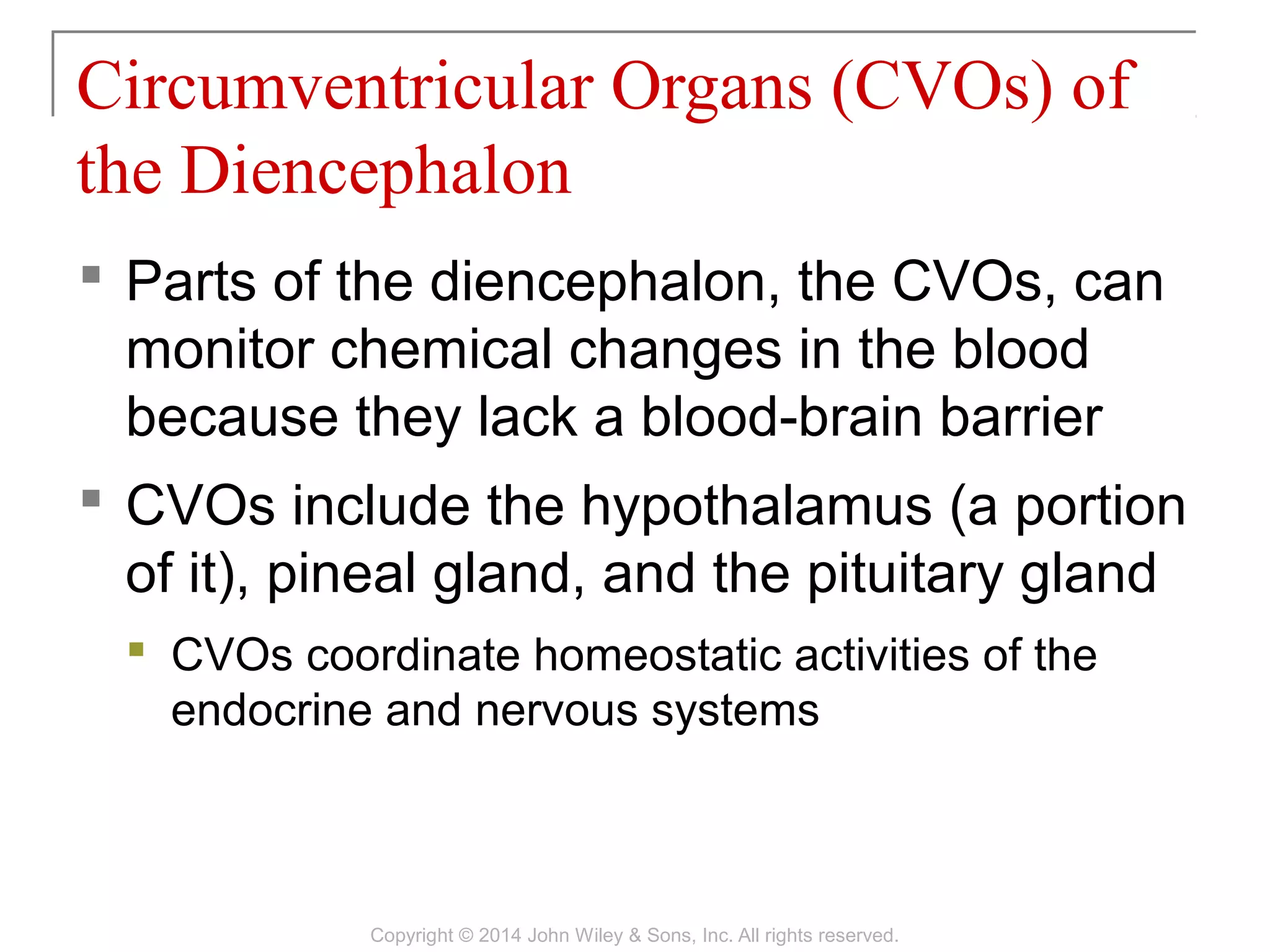  Parts of the diencephalon, the CVOs, can
monitor chemical changes in the blood
because they lack a blood-brain barrier
 CVOs include the hypothalamus (a portion
of it), pineal gland, and the pituitary gland
 CVOs coordinate homeostatic activities of the
endocrine and nervous systems
Circumventricular Organs (CVOs) of
the Diencephalon
Copyright © 2014 John Wiley & Sons, Inc. All rights reserved.
 