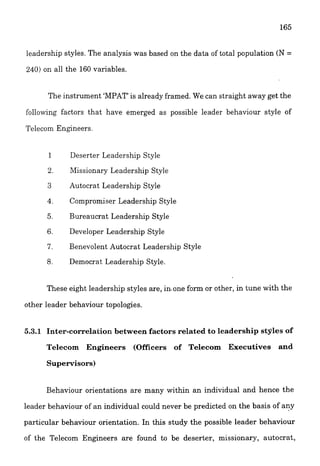 leadership styles. The analysis was based on the data of total population (N=
240) on all the 160 variables.
The instrument 'MPAT' is already framed. We can straight away get the
follo~ringfactors that have emerged as possible leader behaviour style of
Telecom Enpneers.
1 Deserter Leadership Style
2. Missionary Leadership Style
3 Autocrat Leadership Style
4. Compromiser Leadership Style
5. Bureaucrat Leadership Style
6. Developer Leadership Style
7. Benevolent Autocrat Leadership Style
8. Democrat Leadership Style.
These eight leadership styles are, inone form or other, in tune with the
other leader behaviour topologies.
5.3.1 Inter-correlationbetween factors related to leadership styles of
Telecom Engineers (Officers of Telecom Executives and
Supervisors)
Behaviour orientations are many within an individual and hence the
leader behaviour of an individual could never be predicted on the basis of any
particular behaviour orientation. In this study the possible leader behaviour
of the Telecom Engineers are found to be deserter, missionary, autocrat,
 