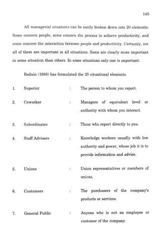 All managerial situations can be easily broken down ~ n t o20 elements.
Some concern people, some concern the process to achieve productivity, and
some concern the interaction between peopie and product.ivity. (-;erta!_n_ly,not
all of them are important in all situations. Some are clearly more important
in some situation than others. In some situations only one is important.
Redain (1988)has formulated the 20 situational elements.
1. Superior The person to whom you report.
2. Coworker
3. Subordinates
4. Staff Advisers
5. Unions
6. Customers
7. General Public
Managers of equivalent level or
authority with whom you interact.
Those who report directly to you.
Knowledge workers usually with low
authority and power, whose job it is to
provide information and advice.
: Union representatives or members of
unions.
The purchasers of the company's
products or services.
: Anyone who is not an employee or
customer of the company.
 