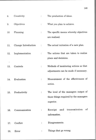 8. Creativity The production of ideas.
9. Objectives What you plan to achieve.
10 Planning The specific means whereby objectives
are realised.
11. Change Introduction : The actual initiation of a new plan.
12. Implementation The actions that are taken to realise
plans and decisions.
13. Controls
14. Evaluation
15. Productivity
16. Communication
17. Conflict
18. Error
Methods of monitoring actions so that
adjustments can be made if necessary.
Measurement of the effectiveness of
action.
The level of the managers output of
those things required by the managers
superior.
Receipt and transmission of
information.
Disagreements.
Things that go wrong.
 