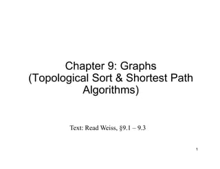 1
Chapter 9: Graphs
(Topological Sort & Shortest Path
Algorithms)
Text: Read Weiss, §9.1 – 9.3
 