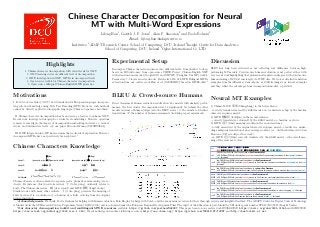 Chinese Character Decomposition for Neural
MT with Multi-Word Expressions
Lifeng Han1
, Gareth J. F. Jones1
, Alan F. Smeaton2
and Paolo Bolzoni3
Email: lifeng.han@adaptcentre.ie
Institutes: 1
ADAPT Research Center, School of Computing, DCU, Ireland 2
Insight Centre for Data Analytics,
School of Computing, DCU, Ireland 3
Oplus International Co. LTD
Highlights
1. Chinese character decomposition with varied levels for NMT
2. NMT learning curves on different level of decomposition
3. MWE investigation in NMT, MWEs in decomposed levels
4. Open source toolkit for Chinese character decomposition
5. Open source bilingual Chinese-English MWE glossaries
Motivations
I. For Out-of-vocabulary (OOV) word translation for European languages: incorpora-
ting sub-word knowledge using Byte Pair Encoding (BPE). However, such methods
cannot be directly applied to ideographic languages (Chinese, Japanese and others).
II. Chinese character decomposition has been used as a feature to enhance NMT;
Recent work investigated ideograph or stroke level embeddings. However, questions
remain: to investigate the impact of decomposition embedding in detail, i.e., radical,
stroke, and intermediate levels. ref. our paper Han and Kuang (2018ESSLLI)
III. MWE integration into MT has seen more than a decade of exploration. However,
decomposed MWEs have not previously been explored. 1
Chinese Characters Knowledge
Level-1

鋒 (fēng)
(semantic, metal) ⾦金金夆 (phonetic, féng)
⼈人王丷 夂丰
⼈人⼀一⼟土丷 夂三⼁丨
⼃丿㇏⼀一⼀一⼁丨⼂丶㇀⼀一 ㇀㇇㇏⼀一⼀一⼀一⼁丨
…
劍 (jiàn)
(phonetic, qiān) 僉⺉刂(semantic, knife)
亼吅从 ⺉刂
⼈人⼀一⼝口⼝口⼈人⼈人 ⺉刂
⼃丿㇏⼀一⼁丨𠃍⼀一⼁丨𠃍⼀一⼃丿㇏⼃丿㇏ ⼁丨⼅亅
… … …
Level-1:
Level-2:
Level-3:
…
Full-stroke:
Chinese characters often contain two separate parts: phonetics and meaning (via ra-
dicals). For instance, this two-stroke radical, 刂 (tı́ dāo páng), ordinarily relates to
knife. The Chinese characters: 劍 (jiàn, sword) and MWE 鋒利 (fēnglı̀, sharp).
Similar stories with many other radicals: 刂 (tı́ dāo páng) preserves the meaning of
knife because it is a variation of a drawing of a knife evolving from the original
bronze inscription.
Experimental Setup
Decompose Chinese character sequences into different levels, from shallow to deep,
based on IDS dictionary from open-source CHISE Project. Chinese-English NMT
with attention based model (Google2017) and THUMT (Tsinghua Uni MT) toolkit.
Parameters: 7-7 layers encoder-decoder, Batch size 6250, 32k BPE. Bilingual MWEs
extraction from our earlier work Han et al. (2020LREC) based on MWEtoolkit 2
BLEU & Crowd-source Humans
Direct Assessment human evaluation results show five models with similarly perfor-
mances, the first cluster. Decomposition level 2 significantly far behind the other
models in terms of human judges (also the BLEU scores). n: the number of distinct
translations, N: the number of human assessments (including repeat assessment)
Discussion
BLEU has long been criticised as not reflecting real differences between high-
performing MT models. Crowd-source human evaluation is not perfect either, with
very recent work highlighting that professional translators disagree with crowd-source
human ranking of MT systems largely via WMT data. We look at detailed translation
examples from the different system outputs, at 100K learning steps, in next examples
and they reflect the advantages from decomposition models, e.g. rxd3.
Neural MT Examples
1) Chinese MWE 商场 (Shāngchǎng) in the first sentence:
- correctly translated as mall by rxd3 model -vs- translated as shop by the baseline
character sequence model;
2) MWE 楼梯间 (lóutı̄jiān) in the second sentence:
- correctly translated as stairwell by the rxd3 model -vs- baseline: as stairs
3) MWE 近日 (Jı̀nrı̀) meaning recently in the second sentence:
- totally missed out by the original character sequence model → results in a mislea-
ding ambiguous translation of an even larger content, (i.e., did the chief moved to San
Francisco (SF) recently or this week).
-vs- MWE 近日 (Jı̀nrı̀) correctly translated by the rxd3 model → the overall mea-
ning of the sentence is clear.
src
28 岁 厨师 被 发现 死 于 旧⾦金金⼭山 ⼀一家 商场
近⽇日 刚 搬 ⾄至 旧⾦金金⼭山 的 ⼀一位 28 岁 厨师 本周 被 发现 死 于 当地 ⼀一家 商场 的 楼梯间 。
ref
28 @-@ Year @-@ Old Chef Found Dead at San Francisco Mall
a 28 @-@ year @-@ old chef who had recently moved to San Francisco was found dead in the stairwell of a local
mall this week .
rxd3
the 28 @-@ year @-@ old chef was found dead at a San Francisco mall
a 28 @-@ year @-@ old chef who recently moved to San Francisco has been found dead on a stairwell in a local mall
this week .
base
the 28 @-@ year @-@ old chef was found dead in a shop in San Francisco
a 28 @-@ year @-@ old chef who has moved to San Francisco this week was found dead on the stairs of a local mall .
base
MWE
28 @-@ year @-@ old chef was found dead at a San Francisco mall
a 28 @-@ year @-@ old chef who recently moved to San Francisco was found dead this week at a local mall .
rxd3
MWE
28 @-@ year @-@ old chef was found dead at a San Francisco mall
a 28 @-@ year @-@ old chef recently moved to San Francisco was found dead this week at a local mall .
rxd1
the 28 @-@ year @-@ old chef was found dead at a San Francisco mall
a 28 @-@ year @-@ old chef recently moved to San Francisco was found dead in a local shopping mall this week .
rxd2
the 28 @-@ year @-@ old chef was found dead in a San Francisco mall
a 28 @-@ year @-@ old San Francisco chef was found dead in a local mall this week .
1
Acknowledgments: We thank Yvette Graham for helping with human evaluation, Eoin Brophy for helps with Colab, and the anonymous reviewers for their thorough reviews and insightful feedback. The ADAPT Centre for Digital Content Technology
is funded under the SFI Research Centres Programme (Grant 13/RC/2106) and is co-funded under the European Regional Development Fund. The input of Alan Smeaton is part-funded by SFI under grant number SFI/12/RC/2289 (Insight Centre).
2
Our character decomposition toolkit and multilingual MWE resources available: https://github.com/poethan/MWE4MT. This paper based on our earlier work ESSLLI2018: https://arxiv.org/abs/1805.01565 and LREC2020:
https://www.aclweb.org/anthology/2020.lrec-1.363/. We acknowledge and endorse following resources http://www.chise.org/, https://github.com/THUNLP-MT/THUMT, and http://mwetoolkit.sf.net
 