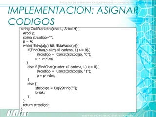 IMPLEMENTACION: ASIGNAR CODIGOS string CodificarLetra(char L, Arbol H){ Arbol p; string strcodigo=“”; p = A; while(!EsHoja(p) && !EstaVacio(p)){ if(FindChar(p->izq->I.cadena, L) >= 0){ strcodigo =  Concat(strcodigo, “0”); p = p->izq; } else if (FindChar(p->der->I.cadena, L) >= 0){ strcodigo =  Concat(strcodigo, “1”); p = p->der; } else { strcodigo = CopyString(“”); break; } } return strcodigo; } 