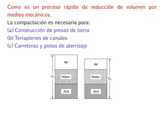 Como es un proceso rápido de reducción de volumen por
medios mecánicos.
La compactación es necesaria para:
(a) Construcción de presas de tierra
(b) Terraplenes de canales
(c) Carreteras y pistas de aterrizaje
 