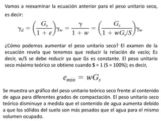 Vamos a reexaminar la ecuación anterior para el peso unitario seco,
es decir:
¿Cómo podemos aumentar el peso unitario seco? El examen de la
ecuación revela que tenemos que reducir la relación de vacío; Es
decir, w/S se debe reducir ya que Gs es constante. El peso unitario
seco máximo teórico se obtiene cuando S = 1 (S = 100%); es decir,
Se muestra un gráfico del peso unitario teórico seco frente al contenido
de agua para diferentes grados de compactación. El peso unitario seco
teórico disminuye a medida que el contenido de agua aumenta debido
a que los sólidos del suelo son más pesados que el agua para el mismo
volumen ocupado.
 