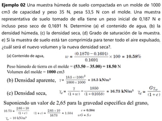 Ejemplo 02 Una muestra húmeda de suelo compactada en un molde de 1000
cm3 de capacidad y peso 35 N, pesa 53,5 N con el molde. Una muestra
representativa de suelo tomado de ella tiene un peso inicial de 0,187 N e
incluso peso seco de 0,1691 N. Determine (a) el contenido de agua, (b) la
densidad húmeda, (c) la densidad seca, (d) Grado de saturación de la muestra.
e) Si la muestra de suelo está tan comprimida para tener todo el aire expulsado,
¿cuál será el nuevo volumen y la nueva densidad seca?.
(a) Contenido de agua,
Peso húmedo de tierra en el molde = (53.50 – 35.00) = 18.50 N
Volumen del molde = 1000 cm3
(b) Densidad aparente,
(c) Densidad seca,
Suponiendo un valor de 2,65 para la gravedad específica del grano,
 