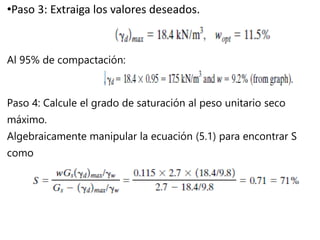 •Paso 3: Extraiga los valores deseados.
Al 95% de compactación:
Paso 4: Calcule el grado de saturación al peso unitario seco
máximo.
Algebraicamente manipular la ecuación (5.1) para encontrar S
como
 