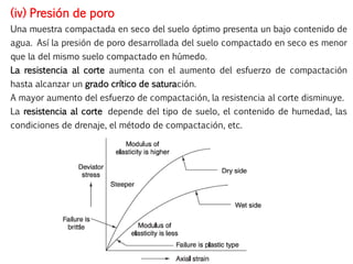 (iv) Presión de poro
Una muestra compactada en seco del suelo óptimo presenta un bajo contenido de
agua. Así la presión de poro desarrollada del suelo compactado en seco es menor
que la del mismo suelo compactado en húmedo.
La resistencia al corte aumenta con el aumento del esfuerzo de compactación
hasta alcanzar un grado crítico de saturación.
A mayor aumento del esfuerzo de compactación, la resistencia al corte disminuye.
La resistencia al corte depende del tipo de suelo, el contenido de humedad, las
condiciones de drenaje, el método de compactación, etc.
 