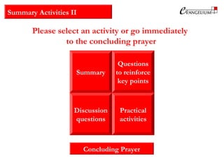 Summary
Questions
to reinforce
key points
Discussion
questions
Practical
activities
Summary Activities II
Please select an activity or go immediately
to the concluding prayer
Concluding Prayer
 