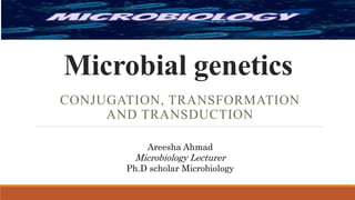 Microbial genetics
CONJUGATION, TRANSFORMATION
AND TRANSDUCTION
Areesha Ahmad
Microbiology Lecturer
Ph.D scholar Microbiology
 