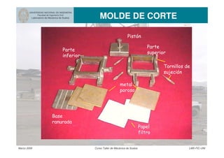 UNIVERSIDAD NACIONAL DE INGENIERIA
Facultad de Ingeniería Civil

Laboratorio de Mecánica de Suelos

Marzo 2006

MOLDE DE CORTE

Curso Taller de Mecánica de Suelos

LMS-FIC-UNI

 