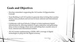 • Develop committee’s supporting the 14 Counties 14 Opportunities
Concept.
• Team Building in all 14 Counties to generate ideas to bring that counties
history, story, products and services to local, national and international
markets!
• Collaborate with local Schools, College’s to help implement digital
infrastructure by allowing student’s to gain experience and generating
ideas on how to design, brain storm and telling their counties story to
local, national and international markets.
• All 14 Counties implementing a STEM, 100% coverage of digital
technologies to plug into the digital economy.
Goals and Objectives
Sunday, March 8,
2015
Edward S. Gilbert Jr. E.S.G. JR. Consulting, Inc. 3
 