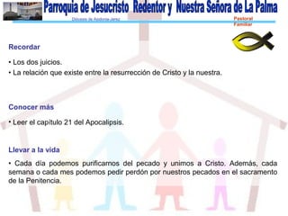Diócesis de Asidonia-Jerez Pastoral
Familiar
Recordar
• Los dos juicios.
• La relación que existe entre la resurrección de Cristo y la nuestra.
Conocer más
• Leer el capítulo 21 del Apocalipsis.
Llevar a la vida
• Cada día podemos purificarnos del pecado y unimos a Cristo. Además, cada
semana o cada mes podemos pedir perdón por nuestros pecados en el sacramento
de la Penitencia.
 
