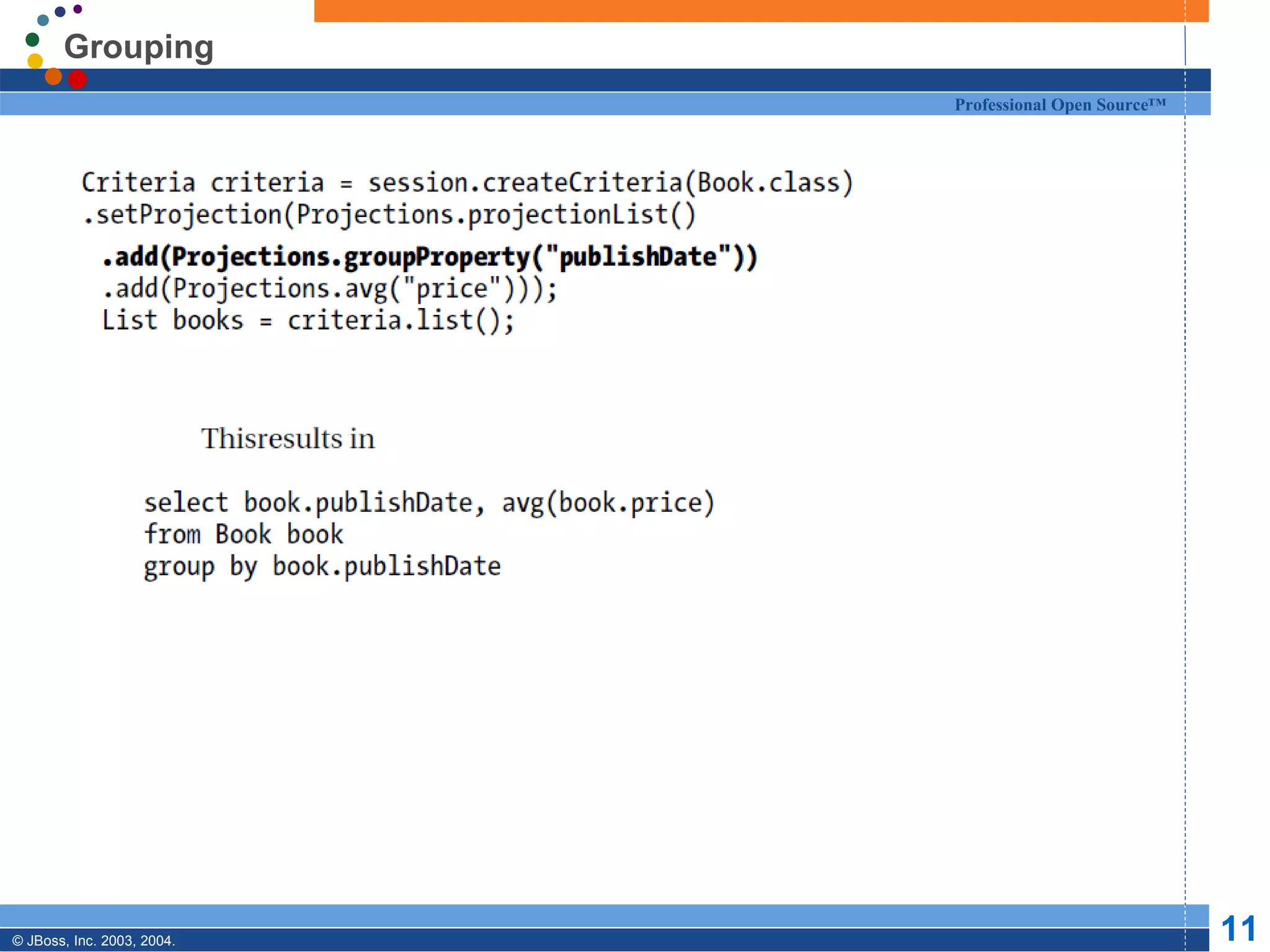 Grouping
                            Professional Open Source™




© JBoss, Inc. 2003, 2004.                               11
 