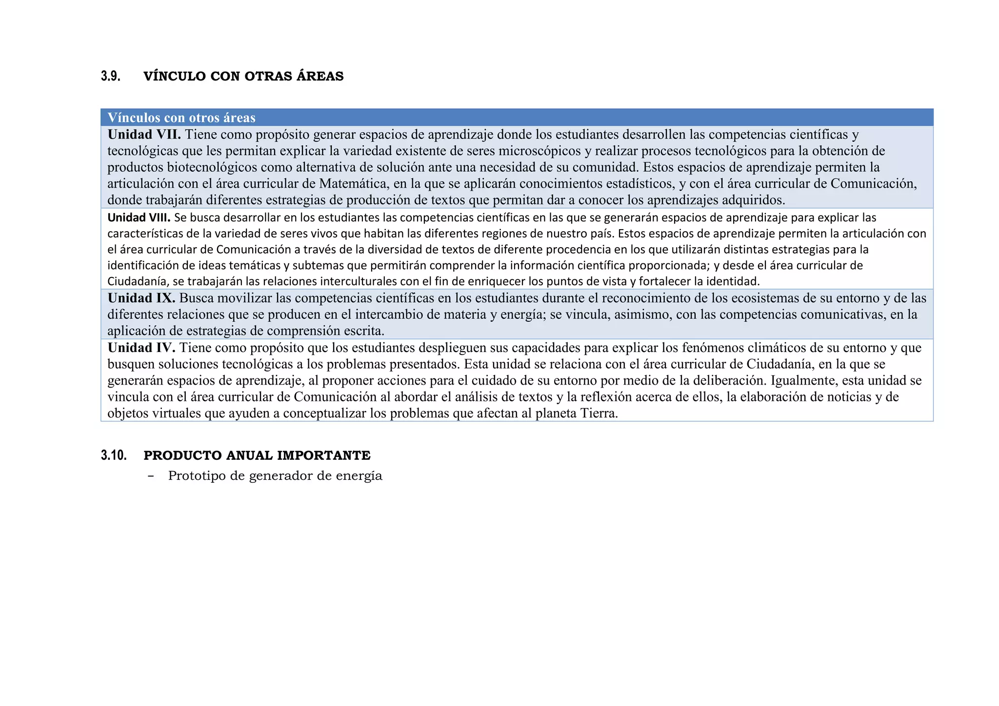 3.9. VÍNCULO CON OTRAS ÁREAS
Vínculos con otros áreas
Unidad VII. Tiene como propósito generar espacios de aprendizaje donde los estudiantes desarrollen las competencias científicas y
tecnológicas que les permitan explicar la variedad existente de seres microscópicos y realizar procesos tecnológicos para la obtención de
productos biotecnológicos como alternativa de solución ante una necesidad de su comunidad. Estos espacios de aprendizaje permiten la
articulación con el área curricular de Matemática, en la que se aplicarán conocimientos estadísticos, y con el área curricular de Comunicación,
donde trabajarán diferentes estrategias de producción de textos que permitan dar a conocer los aprendizajes adquiridos.
Unidad VIII. Se busca desarrollar en los estudiantes las competencias científicas en las que se generarán espacios de aprendizaje para explicar las
características de la variedad de seres vivos que habitan las diferentes regiones de nuestro país. Estos espacios de aprendizaje permiten la articulación con
el área curricular de Comunicación a través de la diversidad de textos de diferente procedencia en los que utilizarán distintas estrategias para la
identificación de ideas temáticas y subtemas que permitirán comprender la información científica proporcionada; y desde el área curricular de
Ciudadanía, se trabajarán las relaciones interculturales con el fin de enriquecer los puntos de vista y fortalecer la identidad.
Unidad IX. Busca movilizar las competencias científicas en los estudiantes durante el reconocimiento de los ecosistemas de su entorno y de las
diferentes relaciones que se producen en el intercambio de materia y energía; se vincula, asimismo, con las competencias comunicativas, en la
aplicación de estrategias de comprensión escrita.
Unidad IV. Tiene como propósito que los estudiantes desplieguen sus capacidades para explicar los fenómenos climáticos de su entorno y que
busquen soluciones tecnológicas a los problemas presentados. Esta unidad se relaciona con el área curricular de Ciudadanía, en la que se
generarán espacios de aprendizaje, al proponer acciones para el cuidado de su entorno por medio de la deliberación. Igualmente, esta unidad se
vincula con el área curricular de Comunicación al abordar el análisis de textos y la reflexión acerca de ellos, la elaboración de noticias y de
objetos virtuales que ayuden a conceptualizar los problemas que afectan al planeta Tierra.
3.10. PRODUCTO ANUAL IMPORTANTE
- Prototipo de generador de energía
 