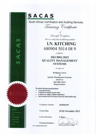 SACAS ISO9001 Bridging Course 2015 certificate