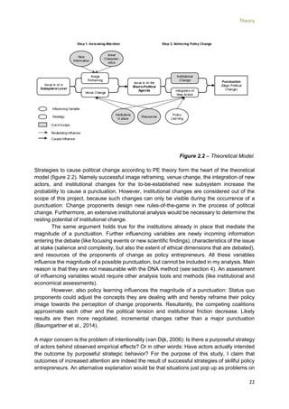 Theory
22
Figure 2.2 – Theoretical Model.
Strategies to cause political change according to PE theory form the heart of the theoretical
model (figure 2.2). Namely successful image reframing, venue change, the integration of new
actors, and institutional changes for the to-be-established new subsystem increase the
probability to cause a punctuation. However, institutional changes are considered out of the
scope of this project, because such changes can only be visible during the occurrence of a
punctuation: Change proponents design new rules-of-the-game in the process of political
change. Furthermore, an extensive institutional analysis would be necessary to determine the
resting potential of institutional change.
The same argument holds true for the institutions already in place that mediate the
magnitude of a punctuation. Further influencing variables are newly incoming information
entering the debate (like focusing events or new scientific findings), characteristics of the issue
at stake (salience and complexity, but also the extent of ethical dimensions that are debated),
and resources of the proponents of change as policy entrepreneurs. All these variables
influence the magnitude of a possible punctuation, but cannot be included in my analysis. Main
reason is that they are not measurable with the DNA method (see section 4). An assessment
of influencing variables would require other analysis tools and methods (like institutional and
economical assessments).
However, also policy learning influences the magnitude of a punctuation: Status quo
proponents could adjust the concepts they are dealing with and hereby reframe their policy
image towards the perception of change proponents. Resultantly, the competing coalitions
approximate each other and the political tension and institutional friction decrease. Likely
results are then more negotiated, incremental changes rather than a major punctuation
(Baumgartner et al., 2014).
A major concern is the problem of intentionality (van Dijk, 2006): Is there a purposeful strategy
of actors behind observed empirical effects? Or in other words: Have actors actually intended
the outcome by purposeful strategic behavior? For the purpose of this study, I claim that
outcomes of increased attention are indeed the result of successful strategies of skillful policy
entrepreneurs. An alternative explanation would be that situations just pop up as problems on
 