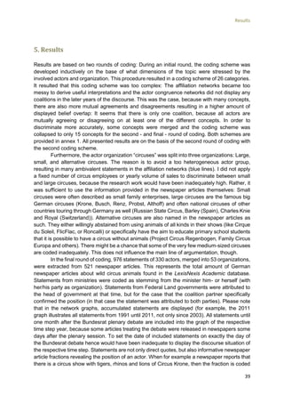 Results
39
5. Results
Results are based on two rounds of coding: During an initial round, the coding scheme was
developed inductively on the base of what dimensions of the topic were stressed by the
involved actors and organization. This procedure resulted in a coding scheme of 26 categories.
It resulted that this coding scheme was too complex: The affiliation networks became too
messy to derive useful interpretations and the actor congruence networks did not display any
coalitions in the later years of the discourse. This was the case, because with many concepts,
there are also more mutual agreements and disagreements resulting in a higher amount of
displayed belief overlap: It seems that there is only one coalition, because all actors are
mutually agreeing or disagreeing on at least one of the different concepts. In order to
discriminate more accurately, some concepts were merged and the coding scheme was
collapsed to only 15 concepts for the second - and final - round of coding. Both schemes are
provided in annex 1. All presented results are on the basis of the second round of coding with
the second coding scheme.
Furthermore, the actor organization “circuses” was split into three organizations: Large,
small, and alternative circuses. The reason is to avoid a too heterogeneous actor group,
resulting in many ambivalent statements in the affiliation networks (blue lines). I did not apply
a fixed number of circus employees or yearly volume of sales to discriminate between small
and large circuses, because the research work would have been inadequately high. Rather, it
was sufficient to use the information provided in the newspaper articles themselves: Small
circuses were often described as small family enterprises, large circuses are the famous big
German circuses (Krone, Busch, Renz, Probst, Althoff) and often national circuses of other
countries touring through Germany as well (Russian State Circus, Barley (Spain), Charles Knie
and Royal (Switzerland)). Alternative circuses are also named in the newspaper articles as
such. They either willingly abstained from using animals of all kinds in their shows (like Cirque
du Soleil, FlicFlac, or Roncalli) or specifically have the aim to educate primary school students
that it is possible to have a circus without animals (Project Circus Regenbogen, Family Circus
Europa and others). There might be a chance that some of the very few medium-sized circuses
are coded inadequately. This does not influence the main line of argumentation, though.
In the final round of coding, 976 statements of 330 actors, merged into 53 organizations,
were extracted from 521 newspaper articles. This represents the total amount of German
newspaper articles about wild circus animals found in the LexisNexis Academic database.
Statements from ministries were coded as stemming from the minister him- or herself (with
her/his party as organization). Statements from Federal Land governments were attributed to
the head of government at that time, but for the case that the coalition partner specifically
confirmed the position (in that case the statement was attributed to both parties). Please note
that in the network graphs, accumulated statements are displayed (for example, the 2011
graph illustrates all statements from 1991 until 2011, not only since 2003). All statements until
one month after the Bundesrat plenary debate are included into the graph of the respective
time step year, because some articles treating the debate were released in newspapers some
days after the plenary session. To set the date of included statements on exactly the day of
the Bundesrat debate hence would have been inadequate to display the discourse situation of
the respective time step. Statements are not only direct quotes, but also informative newspaper
article fractions revealing the position of an actor. When for example a newspaper reports that
there is a circus show with tigers, rhinos and lions of Circus Krone, then the fraction is coded
 