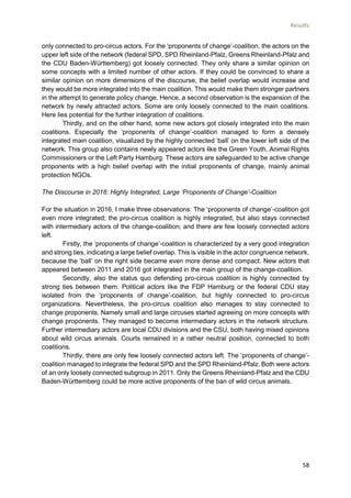 Results
58
only connected to pro-circus actors. For the ‘proponents of change’-coalition, the actors on the
upper left side of the network (federal SPD, SPD Rheinland-Pfalz, Greens Rheinland-Pfalz and
the CDU Baden-Württemberg) got loosely connected. They only share a similar opinion on
some concepts with a limited number of other actors. If they could be convinced to share a
similar opinion on more dimensions of the discourse, the belief overlap would increase and
they would be more integrated into the main coalition. This would make them stronger partners
in the attempt to generate policy change. Hence, a second observation is the expansion of the
network by newly attracted actors. Some are only loosely connected to the main coalitions.
Here lies potential for the further integration of coalitions.
Thirdly, and on the other hand, some new actors got closely integrated into the main
coalitions. Especially the ‘proponents of change’-coalition managed to form a densely
integrated main coalition, visualized by the highly connected ‘ball’ on the lower left side of the
network. This group also contains newly appeared actors like the Green Youth, Animal Rights
Commissioners or the Left Party Hamburg. These actors are safeguarded to be active change
proponents with a high belief overlap with the initial proponents of change, mainly animal
protection NGOs.
The Discourse in 2016: Highly Integrated, Large ‘Proponents of Change’-Coalition
For the situation in 2016, I make three observations: The ‘proponents of change’-coalition got
even more integrated; the pro-circus coalition is highly integrated, but also stays connected
with intermediary actors of the change-coalition; and there are few loosely connected actors
left.
Firstly, the ‘proponents of change’-coalition is characterized by a very good integration
and strong ties, indicating a large belief overlap. This is visible in the actor congruence network,
because the ‘ball’ on the right side became even more dense and compact. New actors that
appeared between 2011 and 2016 got integrated in the main group of the change-coalition.
Secondly, also the status quo defending pro-circus coalition is highly connected by
strong ties between them. Political actors like the FDP Hamburg or the federal CDU stay
isolated from the ‘proponents of change’-coalition, but highly connected to pro-circus
organizations. Nevertheless, the pro-circus coalition also manages to stay connected to
change proponents. Namely small and large circuses started agreeing on more concepts with
change proponents. They managed to become intermediary actors in the network structure.
Further intermediary actors are local CDU divisions and the CSU, both having mixed opinions
about wild circus animals. Courts remained in a rather neutral position, connected to both
coalitions.
Thirdly, there are only few loosely connected actors left. The ‘proponents of change’-
coalition managed to integrate the federal SPD and the SPD Rheinland-Pfalz. Both were actors
of an only loosely connected subgroup in 2011. Only the Greens Rheinland-Pfalz and the CDU
Baden-Württemberg could be more active proponents of the ban of wild circus animals.
 