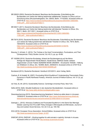 References
75
BR 595/03 (2003). Deutscher Bundesrat: Beschluss des Bundesrates. Entschließung des
Bundesrates zum Verbot der Haltung bestimmter wildlebender Tierarten im Zirkus und zur
Einrichtung eines Zirkuszentralregisters. Drs. 595/03, Berlin, 17/10/2003. Accessed online on
27/07/16 at: https://www.bundesrat.de/SharedDocs/drucksachen/2003/0501-0600/595-
03(B).pdf?__blob=publicationFile&v=1.
BR 565/11 (2011). Deutscher Bundesrat: Beschluss des Bundesrates. Entschließung des
Bundesrates zum Verbot der Haltung bestimmter wild lebender Tierarten im Zirkus. Drs.
565/11, Berlin, 25/11/2011. Accessed online on 27/07/16 at:
https://www.bundesrat.de/SharedDocs/drucksachen/2011/0501-0600/565-
11(B).pdf?__blob=publicationFile&v=1.
BR 78/16 (2016). Deutscher Bundesrat: Beschluss des Bundesrates. Entschließung des Bundesrates
zum Verbot der Haltung bestimmter wild lebender Tierarten im Zirkus. Drs. 78/16, Berlin,
18/03/2016. Accessed online on 27/07/16 at:
https://www.bundesrat.de/SharedDocs/drucksachen/2016/0001-0100/78-
16(B).pdf?__blob=publicationFile&v=1.
Breunig, C. & Koski, C. (2012). The Tortoise or the Hare? Incrementalism, Punctuations, and Their
Consequences. Policy Studies Journal, Vol. 40 (1), pp. pp. 45-68.
BT 18/2690 (2014). Deutscher Bundestag. Antwort der Bundesregierung auf die Kleine
Anfrage der Abgeordneten Nicole Maisch, Harald Ebner, Matthias Gastel, weiterer
Abgeordneter und der Fraktion BÜNDNIS 90/DIE GRÜNEN – Drucksache 18/2526 – Haltung
von Wildtieren im Zirkus. Drs. 18/2690, Berlin, 29/09/2014. Accessed online on 27/07/16 at:
http://dipbt.bundestag.de/dip21/btd/18/026/1802690.pdf.
Bundesrat (2013). Deutscher Bundesrat: Handbuch 2012/2013. Jaron Verlag, Berlin.
Cashore, B. & Howlett, M. (2007). Punctuating Which Equilibrium? Understanding Thermostatic Policy
Dynamics in Pacific Northwest Forestry. American Journal of Political Science, Vol. 51 (3), pp.
532-551.
de Vries, B.J.M. (2013). Sustainability Science. Cambridge University Press, New York.
Deftz (2016). Deftz: Aktuelle Koalitionen in den deutschen Bundesländern. Accessed online on
27/07/16 at: http://www.deftz.de/Geo/Landtagskoalition.aspx.
Dierenbescherming (2015). Dierenbescherming Nederland: Verbod op wilde dieren in circussen.
15/09/2015. Accessed online on 27/07/16 at: https://www.dierenbescherming.nl/wat-wij-
doen/actueel/nieuws/nieuws-overzicht/verbod-op-wilde-dieren-in-circussen.
Dziengel, L. (2010). Advocacy Coalitions and Punctuated Equilibrium in the Same-Sex Marriage
Debate: Learning from Pro-LGBT Policy Changes in Minneapolis and Minnesota. Journal of
Gay and Lesbian Social Services, Vol. 22 (1-2), pp. 165-182.
ECA (2016). European Circus Association: Animal Welfare. Accessed online on 27/07/16 at:
http://www.europeancircus.eu/?page_id=327.
ENDCAP (2016). ENDCAP – Working together for wild animals in captivity: Animals in circuses.
Accessed online on 27/07/16 at: http://endcap.eu/animal-circuses/.
 