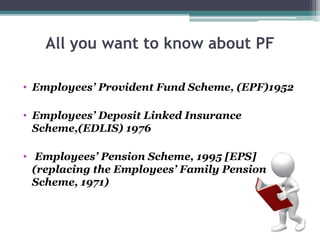 All you want to know about PF
• Employees’ Provident Fund Scheme, (EPF)1952
• Employees’ Deposit Linked Insurance
Scheme,(EDLIS) 1976
• Employees’ Pension Scheme, 1995 [EPS]
(replacing the Employees’ Family Pension
Scheme, 1971)
 