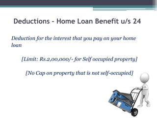 Deduction for the interest that you pay on your home
loan
[Limit: Rs.2,00,000/- for Self occupied property]
[No Cap on property that is not self-occupied]
Deductions – Home Loan Benefit u/s 24
 
