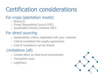 Certification considerations
For crops (plantation model)
o Bonsucro
o Forest Stewardship Council (FSC)
o Sustainable Forestry Initiative (SFI)
For direct sourcing
o Sustainability criteria negotiated with your customer
o Criteria translated into supply agreements
o Cost of compliance can be shared
Limitations (all)
o Limited affect on shed level improvement
o Transaction costs
o Legitimacy
 