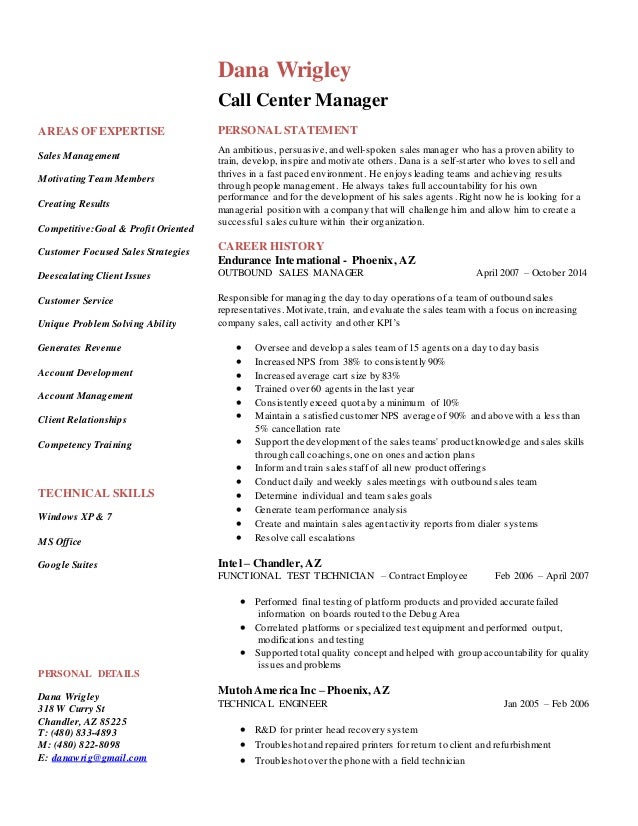call center manager sales resume