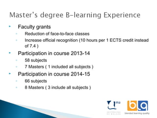  Faculty grants
◦ Reduction of face-to-face classes
◦ Increase official recognition (10 hours per 1 ECTS credit instead
of 7.4 )
 Participation in course 2013-14
◦ 58 subjects
◦ 7 Masters ( 1 included all subjects )
 Participation in course 2014-15
◦ 66 subjects
◦ 8 Masters ( 3 include all subjects )
 