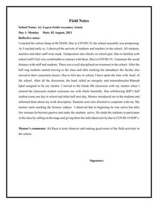 Field Note Example School 14 Days Field Note.pdf for b.eb 1.5 year programme of 6996 | PDF