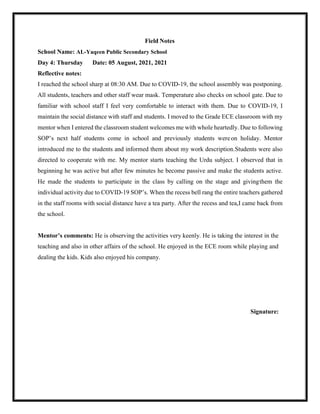Field Note Example School 14 Days Field Note.pdf for b.eb 1.5 year programme of 6996 | PDF