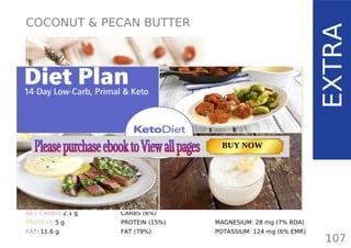 COCONUT & PECAN BUTTER
TOTAL CARBS: 6.5 g
FIBER: 4.4 g
NET CARBS: 2.1 g
PROTEIN: 5 g
FAT: 11.6 g
107
(per 2 tbsp/ 32 g/ 1.1 oz)
EXTRA
NUTRITION FACTS
CALORIES: 154 kcal
MACRONUTRIENT RATIO:
CARBS (6%)
PROTEIN (15%)
FAT (79%)
MAGNESIUM: 28 mg (7% RDA)
POTASSIUM: 124 mg (6% EMR)
TOTAL CARBS: 11.6 g
FIBER: 4.8 g
NUTRITION FACTS(per serving)
CALORIES: 179 kcal
MACRONUTRIENT RATIO:
Page: 59 Page: 53 + 69Page: 39
Vanilla Keto Smoothie Easy Avocado & Egg Salad Pork Chops
with Creamy Keto Mash
TOTAL CARBS: 35.7 g
FIBER: 12.9 g
CALORIES: 1704 kcal
TOTAL DAILY VALUES
Carbs
5%
Protein
20%
BUY NOW
 