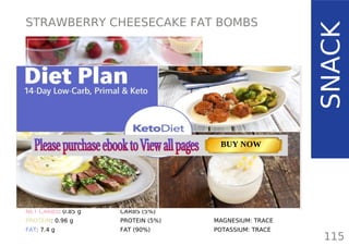 STRAWBERRY CHEESECAKE FAT BOMBS
TOTAL CARBS: 1 g
FIBER: 0.15 g
NET CARBS: 0.85 g
PROTEIN: 0.96 g
FAT: 7.4 g
115
SNACK
NUTRITION FACTS(per serving)
CALORIES: 67 kcal
MACRONUTRIENT RATIO:
CARBS (5%)
PROTEIN (5%)
FAT (90%)
MAGNESIUM: TRACE
POTASSIUM: TRACE
TOTAL CARBS: 11.6 g
FIBER: 4.8 g
NUTRITION FACTS(per serving)
CALORIES: 179 kcal
MACRONUTRIENT RATIO:
Page: 59 Page: 53 + 69Page: 39
Vanilla Keto Smoothie Easy Avocado & Egg Salad Pork Chops
with Creamy Keto Mash
TOTAL CARBS: 35.7 g
FIBER: 12.9 g
CALORIES: 1704 kcal
TOTAL DAILY VALUES
Carbs
5%
Protein
20%
BUY NOW
 