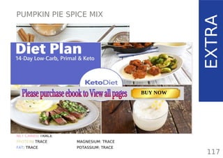 PUMPKIN PIE SPICE MIX
EXTRA
TOTAL CARBS: TRACE
FIBER: TRACE
NET CARBS: TRACE
PROTEIN: TRACE
FAT: TRACE
NUTRITION FACTS
117
(per 1/4 tsp)
CALORIES: TRACE
MAGNESIUM: TRACE
POTASSIUM: TRACE
TOTAL CARBS: 11.6 g
FIBER: 4.8 g
NUTRITION FACTS(per serving)
CALORIES: 179 kcal
MACRONUTRIENT RATIO:
Page: 59 Page: 53 + 69Page: 39
Vanilla Keto Smoothie Easy Avocado & Egg Salad Pork Chops
with Creamy Keto Mash
TOTAL CARBS: 35.7 g
FIBER: 12.9 g
CALORIES: 1704 kcal
TOTAL DAILY VALUES
Carbs
5%
Protein
20%
BUY NOW
 