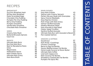 TABLEOFCONTENTS
RECIPES
MAIN DISHES
Easy Keto Frittata
Salmon with Creamy Spinach
Perfect Rib-eye Steak with Gremolata
Spicy Chorizo Meatballs
Easy Paprika Chicken
Pork Chops with Keto Gravy
Salmon Stuffed Avocado
Healthy Mackerel Salad
Easy Avocado & Egg Salad
Classic Salad Tricolore
Sardine Stuffed Avocado
Ultimate Keto Bun with Avocado & Bacon
Pan-roasted Salmon
SNACKS & EXTRAS
Sauerkraut
Pork Rinds / Cracklings
Chicken Cracklings
Bacon & Egg Fat Bombs
Savory Mediterranean Fat Bombs
Home-made Coconut & Pecan Butter
Ultimate Keto Coffee
Low-Carb Cappuccino
Keto Coconut Fat Bombs
Strawberry Cheesecake Fat Bombs
Pumpkin Pie Spice Mix
43
45
47
49
51
53
55
57
59
61
63
65
67
97
99
101
103
105
107
109
111
113
115
117
BREAKFAST
Zucchini Breakfast Hash
All Day Keto Breakfast
Pesto Scrambled Eggs
Chocolate Chia Pudding
Pumpkin Pie Chia Pudding
Berry Chia Pudding
Pumpkin Smoothie
Vanilla Keto Smoothie
Chocolate Keto Smoothie
SIDES
Creamy Keto Mash
Buttered Brussels Sprouts
Cauli-rice
BASICS
Ultimate Keto Buns
Nut-free Keto Buns
Basil & Macadamia Pesto
Ghee
Mayonnaise
Hollandaise Sauce
Keto Cheese Sauce
Ultimate Keto Gravy
Keto Bone Broth
25
27
29
31
33
35
37
39
41
69
71
73
75
79
82
84
86
88
90
92
94
 