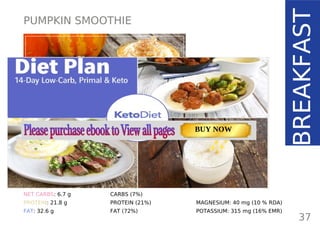PUMPKIN SMOOTHIE
TOTAL CARBS: 10.3 g
FIBER: 3.6 g
NET CARBS: 6.7 g
PROTEIN: 21.8 g
FAT: 32.6 g
37
NUTRITION FACTS
BREAKFAST
(per serving)
CALORIES: 399 kcal
MACRONUTRIENT RATIO:
CARBS (7%)
PROTEIN (21%)
FAT (72%)
MAGNESIUM: 40 mg (10 % RDA)
POTASSIUM: 315 mg (16% EMR)
Page: 59 Page: 53 + 69Page: 39
Vanilla Keto Smoothie Easy Avocado & Egg Salad Pork Chops
with Creamy Keto Mash
TOTAL CARBS: 35.7 g
FIBER: 12.9 g
CALORIES: 1704 kcal
TOTAL DAILY VALUES
Carbs
5%
Protein
20%
BUY NOW
 