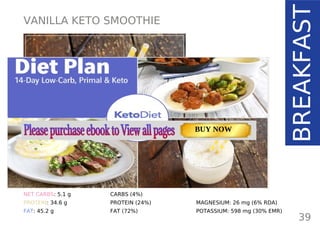 VANILLA KETO SMOOTHIE
TOTAL CARBS: 5.1 g
FIBER: 0 g
NET CARBS: 5.1 g
PROTEIN: 34.6 g
FAT: 45.2 g
39
NUTRITION FACTS
BREAKFAST
(per serving)
CALORIES: 566 kcal
MACRONUTRIENT RATIO:
CARBS (4%)
PROTEIN (24%)
FAT (72%)
MAGNESIUM: 26 mg (6% RDA)
POTASSIUM: 598 mg (30% EMR)
Page: 59 Page: 53 + 69Page: 39
Vanilla Keto Smoothie Easy Avocado & Egg Salad Pork Chops
with Creamy Keto Mash
TOTAL CARBS: 35.7 g
FIBER: 12.9 g
CALORIES: 1704 kcal
TOTAL DAILY VALUES
Carbs
5%
Protein
20%
BUY NOW
 