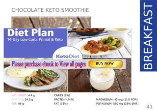 CHOCOLATE KETO SMOOTHIE
TOTAL CARBS: 6.2 g
FIBER: 1.8 g
NET CARBS: 4.4 g
PROTEIN: 34.5 g
FAT: 46 g
41
NUTRITION FACTS
BREAKFAST
(per serving)
CALORIES: 570 kcal
MACRONUTRIENT RATIO:
CARBS (3%)
PROTEIN (24%)
FAT (73%)
MAGNESIUM: 45 mg (11% RDA)
POTASSIUM: 560 mg (28% EMR)
Page: 59 Page: 53 + 69Page: 39
Vanilla Keto Smoothie Easy Avocado & Egg Salad Pork Chops
with Creamy Keto Mash
TOTAL CARBS: 35.7 g
FIBER: 12.9 g
CALORIES: 1704 kcal
TOTAL DAILY VALUES
Carbs
5%
Protein
20%
BUY NOW
 