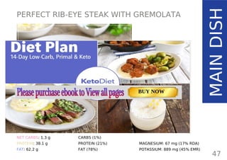 PERFECT RIB-EYE STEAK WITH GREMOLATA
TOTAL CARBS: 1.8 g
FIBER: 0.5 g
NET CARBS: 1.3 g
PROTEIN: 38.1 g
FAT: 62.2 g
47
MAINDISH
NUTRITION FACTS(per serving)
CALORIES: 722 kcal
MACRONUTRIENT RATIO:
CARBS (1%)
PROTEIN (21%)
FAT (78%)
MAGNESIUM: 67 mg (17% RDA)
POTASSIUM: 889 mg (45% EMR)
Page: 59 Page: 53 + 69Page: 39
Vanilla Keto Smoothie Easy Avocado & Egg Salad Pork Chops
with Creamy Keto Mash
TOTAL CARBS: 35.7 g
FIBER: 12.9 g
CALORIES: 1704 kcal
TOTAL DAILY VALUES
Carbs
5%
Protein
20%
BUY NOW
 