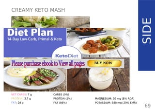 CREAMY KETO MASH
TOTAL CARBS: 10.8 g
FIBER: 3.8 g
NET CARBS: 7 g
PROTEIN: 3.7 g
FAT: 28 g
NUTRITION FACTS
69
(per serving)
SIDE
CALORIES: 302 kcal
MACRONUTRIENT RATIO:
CARBS (9%)
PROTEIN (5%)
FAT (86%)
MAGNESIUM: 30 mg (8% RDA)
POTASSIUM: 588 mg (29% EMR)
Page: 59 Page: 53 + 69Page: 39
Vanilla Keto Smoothie Easy Avocado & Egg Salad Pork Chops
with Creamy Keto Mash
TOTAL CARBS: 35.7 g
FIBER: 12.9 g
CALORIES: 1704 kcal
TOTAL DAILY VALUES
Carbs
5%
Protein
20%
BUY NOW
 
