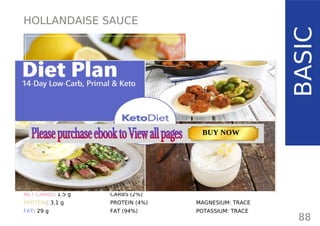 HOLLANDAISE SAUCE
TOTAL CARBS: 1.5 g
FIBER: 0 G
NET CARBS: 1.5 g
PROTEIN: 3.1 g
FAT: 29 g
NUTRITION FACTS
88
(per 1/4 cup/ 50 g/ 1.8 oz)
BASIC
CALORIES: 274 kcal
MACRONUTRIENT RATIO:
CARBS (2%)
PROTEIN (4%)
FAT (94%)
MAGNESIUM: TRACE
POTASSIUM: TRACE
TOTAL CARBS: 11.6 g
FIBER: 4.8 g
NUTRITION FACTS(per serving)
CALORIES: 179 kcal
MACRONUTRIENT RATIO:
Page: 59 Page: 53 + 69Page: 39
Vanilla Keto Smoothie Easy Avocado & Egg Salad Pork Chops
with Creamy Keto Mash
TOTAL CARBS: 35.7 g
FIBER: 12.9 g
CALORIES: 1704 kcal
TOTAL DAILY VALUES
Carbs
5%
Protein
20%
BUY NOW
 