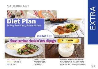 SAUERKRAUT
EXTRA
TOTAL CARBS: 3 g
FIBER: 2 g
NET CARBS: 1 g
PROTEIN: 0.65 g
FAT: 0.1 g
NUTRITION FACTS
97
(per 1/2 cup/ 70 g/ 2.5 oz)
CALORIES: 13.5 kcal
MACRONUTRIENT RATIO:
CARBS (53%)
PROTEIN (35%)
FAT (12%)
SODIUM: 469 mg (20% RDA)
MAGNESIUM: 9 mg (2% RDA)
POTASSIUM: 120 mg (6% EMR)
TOTAL CARBS: 11.6 g
FIBER: 4.8 g
NUTRITION FACTS(per serving)
CALORIES: 179 kcal
MACRONUTRIENT RATIO:
Page: 59 Page: 53 + 69Page: 39
Vanilla Keto Smoothie Easy Avocado & Egg Salad Pork Chops
with Creamy Keto Mash
TOTAL CARBS: 35.7 g
FIBER: 12.9 g
CALORIES: 1704 kcal
TOTAL DAILY VALUES
Carbs
5%
Protein
20%
BUY NOW
 